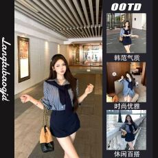 批发复古学院风<b class='q'>套装</b>女蓝色条纹长袖衬衫上衣披肩秋季高腰半身裙两件套