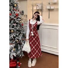 批发氛围感裙子套装女秋季季短款羊羔毛外套红色<b class='q'>格子</b>毛呢<b class='q'>连衣裙</b>两件套