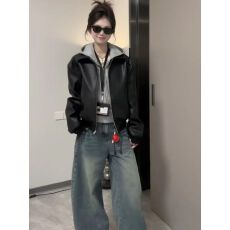 批发美式多巴胺黑色复古机车皮衣外套春秋<b class='q'>新款</b>小个子潮流百搭皮<b class='q'>夹克</b>潮