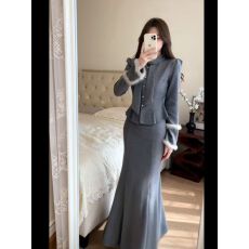 批发秋季法式<b class='q'>名媛</b>风穿搭<b class='q'>套装</b>氛围感毛毛拼接开衫上衣+包臀鱼尾半身裙