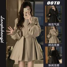 批发2025时尚设计感纯色绑带灯笼袖风衣<b class='q'>外套</b>女装秋季百搭洋气显瘦上衣