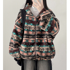 批发韩国chic 通勤费尔岛风粒绒双向拉链连帽外套