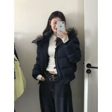 批发韩系藏青色连帽大毛领棉服2025冬季<b class='q'>棉衣</b>女新款小个子短款棉袄外套