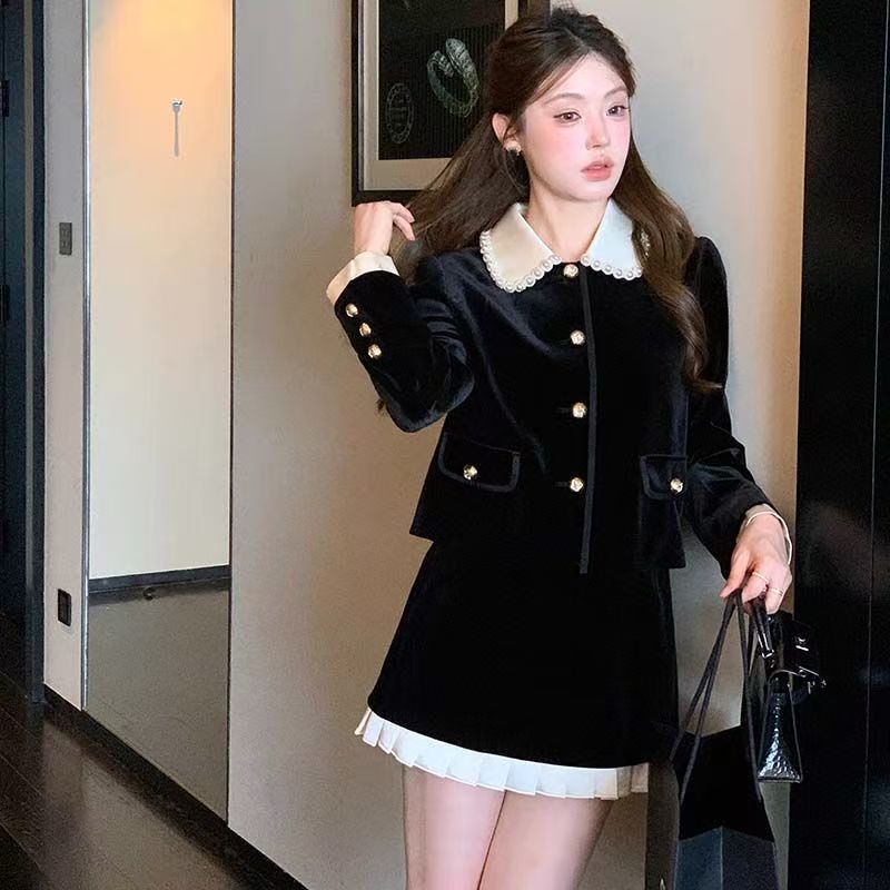 투피스 세트 있음 안감 25 가을 새로운 miu 부서 부유 한 가족 천 금빛 바람 세트 베이비 칼라 샤오시엔 재킷