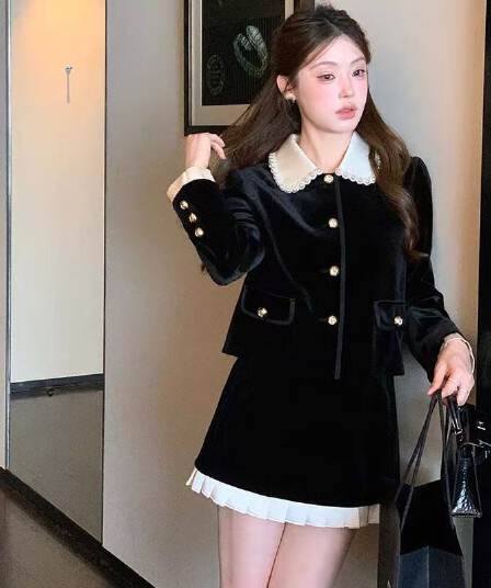 투피스 세트 있음 안감 25 가을 새로운 miu 부서 부유 한 가족 천 금빛 바람 세트 베이비 칼라 샤오시엔 재킷