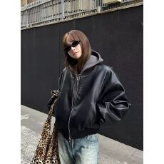 批发黑色PU皮衣外套女短款2025秋季美式宽松<b class='q'>街头</b>酷辣防风机车夹克上衣