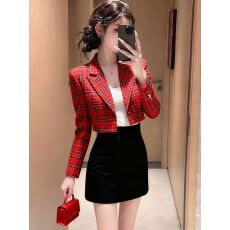 批发复古小香风格纹西装外套女红色翻领短款显瘦通勤<b class='q'>职业</b>装格子外套秋