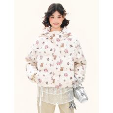 批发甜酷小狗满印耳朵连帽2025短款棉服外套女冬季加厚保暖面包服