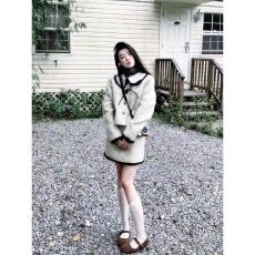 批发千金名媛小香风套装女秋冬少女减龄撞色娃娃领短上衣半身裙两件套