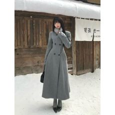 韩系复古高级感双排扣收腰显瘦长款毛呢外套女秋冬季新款气质大衣