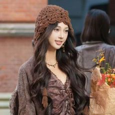 批发新款复古咖啡棕色针织流苏帽子美拉德废土风花朵民族风包头披肩帽