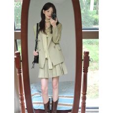 批发法式气质格纹绿色长袖<b class='q'>西装</b>外套女秋季高腰a字百褶半身短裙两件套