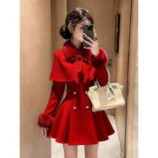 批发初<b class='q'>冬</b>甜美千金小姐小香风红色披肩斗篷外套收腰连衣裙气质两件套裙