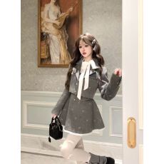 批发法式小香风毛呢开衫外套a字背心连衣裙<b class='q'>蕾丝</b>修身打底衫三件套装冬