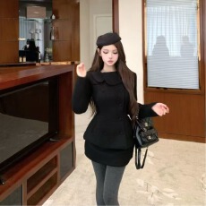 批发富家千金感套装黑色气质长袖毛呢外套女秋冬高腰包臀裙<b class='q'>短裙</b>两件套