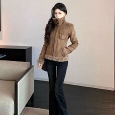 批发美式复古风皮毛一体毛毛领短款外套女秋冬季夹棉加厚收腰夹克上衣