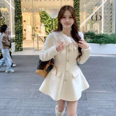 批发法式<b class='q'>甜美</b>千金蝴蝶结毛毛翻领毛呢外套秋冬款气质收腰显瘦呢子大衣