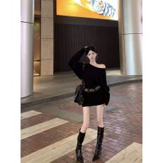 批发秋季新款针织<b class='q'>连衣裙</b>女秋季2024新款修身显瘦露肩包臀裙毛衣短裙潮