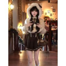 批发冬季可爱甜美套装裙毛毛连帽斗篷外套背带<b class='q'>百褶</b><b class='q'>连衣裙</b>打底衫三件套