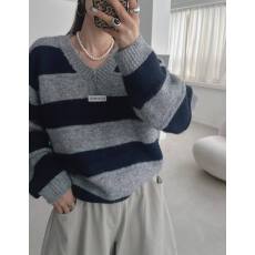 韩国ins 时尚气质复古条纹针织毛衣