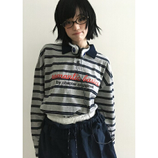 批发货韩国东大门 翻领刺绣字母条纹<b class='q'>套头卫衣</b>