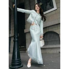 批发小香风套装女法式高级感千金重工镶钻拼<b class='q'>蕾丝</b>外套鱼尾半身裙两件套