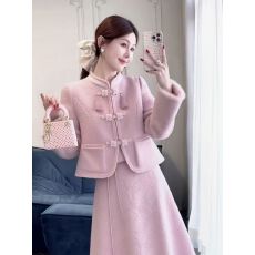 批发新中式国风富家千金贵气感高级感粉色夹棉外套半身裙两件套装女冬