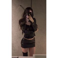 批发辣妹机车风性感套装裙秋冬款皮开衫短外套抹胸胸衣包臀短裙三件套