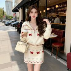 批发韩系甜美套装女秋冬新款慵懒气质连帽针织毛衣半身裙两件套高级感