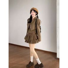 批发韩系学院风小个子短款洋气西装外套上衣复古咖色收腰<b class='q'>百褶</b>裙两件套