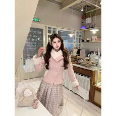 批发韩系甜美温柔淑女风套装毛毛翻领收腰<b class='q'>显瘦</b>外套格纹百褶长裙两件套
