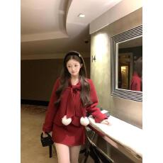 批发冬季甜美少女感圣诞节氛围感套装蝴蝶结毛呢外套收腰半身裙两件套