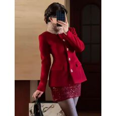 批发复古轻奢名媛纯欲新年氛围感毛呢外套包臀裙子秋冬新款女装两件套