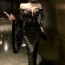 批发小香千金风蕾丝长袖连衣裙女新款性感<b class='q'>包臀</b>修身黑色<b class='q'>长裙</b>开叉<b class='q'>长裙</b>子