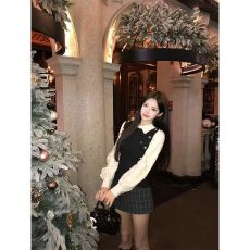 批发<b class='q'>套装</b>女2025冬季新款学院风假两件长袖马甲衬衫上衣高腰显瘦半身裙