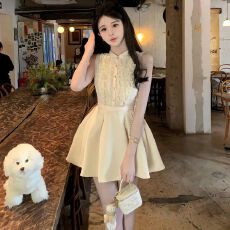 批发小香风连衣<b class='q'>裙</b>女名媛千金气质生日<b class='q'>小礼服</b>缎面蕾丝拼接收腰蓬蓬短<b class='q'>裙</b>