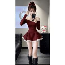 批发甜酷千金气质名媛风一字领长袖收腰修身红色礼服连衣短<b class='q'>裙</b>小个子女