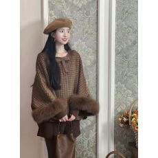 批发复古莉莉狐狸秋冬格子斗篷毛呢外套千金辣妹新款宽松双面加厚大衣