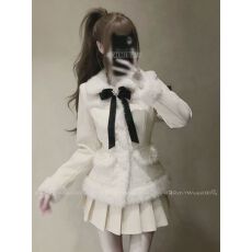 批发千金名媛气质氛围感杏色蝴蝶结毛绒娃娃领外套显瘦百褶裙白色<b class='q'>套装</b>