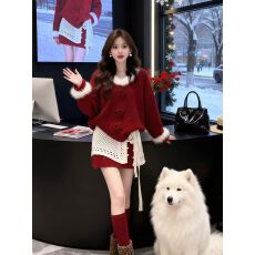 批发新年衣服圣诞穿搭红色连衣裙子毛衣配短裙叠穿屁帘三件<b class='q'>套装</b>女秋冬