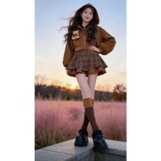 批发韩系学院风甜美可爱假两件连帽格纹外套高腰半身裙减龄套装小个子