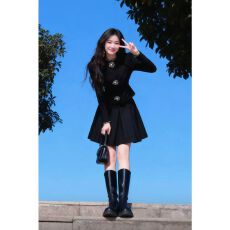 批发复古风韩系学院甜美御姐可爱长袖短款上衣<b class='q'>高腰</b>半身百褶裙两件套装