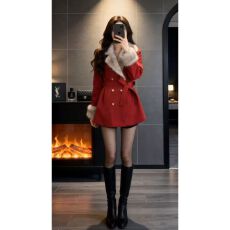 批发拜年氛围感新年气质红色毛毛收腰加厚毛呢大衣外套时尚喜庆秋冬款