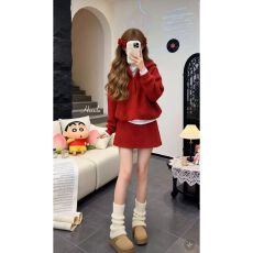 甜美千金拜年新款气质红色战袍短款长袖连帽卫衣高腰A字短裙套装