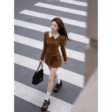 批发复古美拉德<b class='q'>套装</b>裙秋冬<b class='q'>蕾丝</b>拼接领口收腰长袖上衣气质半身裙两件套