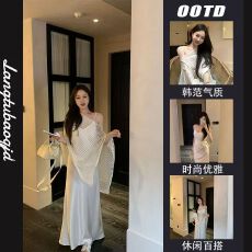 批发不规则气质斜肩针织防晒罩衫女夏季<b class='q'>时尚</b>套装缎面<b class='q'>吊带</b>连衣裙两件套