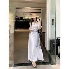 批发气质白色polo领短袖衬衫上衣女夏季时尚套装高腰半身裙长裙两件套