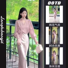 批发法式气质套装女花朵飘带v领衬衫包臀半身裙两件套高级感春秋女装