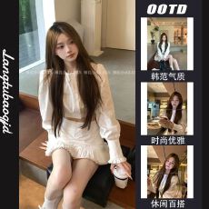 批发法式纯欲风圆领长袖短款衬衫女秋季高腰荷叶边包臀半身<b class='q'>短裙</b>两件套