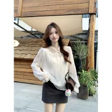 批发法式气质刺绣系带长袖衬衫女装减龄宽松蕾丝花边衬衣